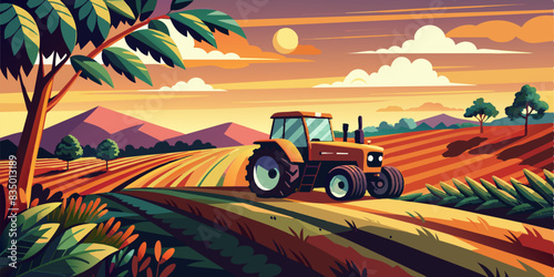 Tractor drives across large field making special beds for sowing seeds into purified soil. Agricultural vehicle works at sunset in countryside.