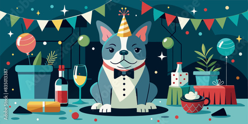 French Bulldog drinking champagne on New Year's Eve party. 