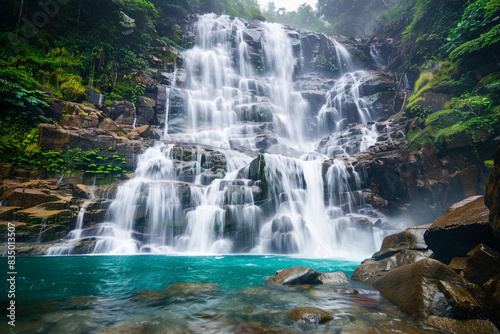 A majestic waterfall cascading down a rocky cliff into a clear blue pool  surrounded by lush greenery and mist in the air