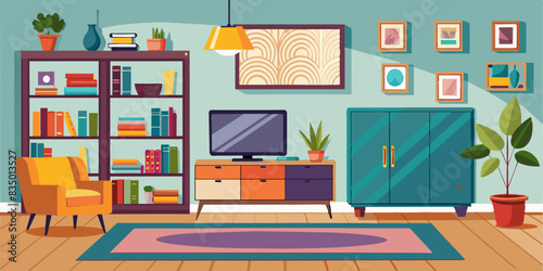TV cabinet and storage space in a living room with a white wall.