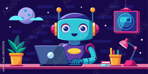 Cute Robot working with laptop and speech bubble in dark room.
