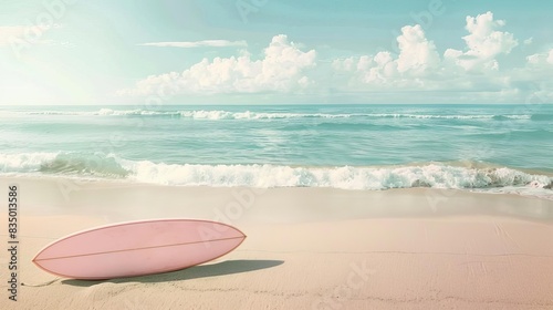pastel pink summer beach with surfboard on sand minimal vacation background