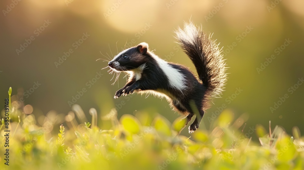 Obraz premium playful skunk jumping in midair cute wildlife animal action shot nature photography