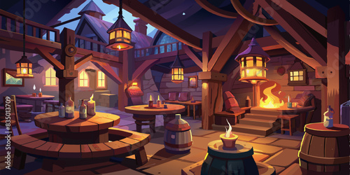 Warm lit friendly medieval fantasy tavern inn, lanterns, concept art interior, adventuring dungeons and dragons.