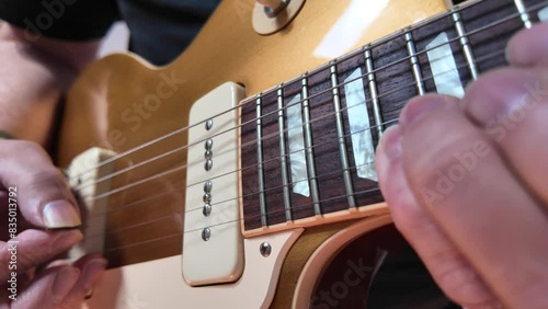 close up footage of musician playing electric guitar
