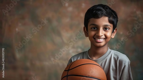 portrait of smiling indian boy holding basketball studio lighting shallow depth of field