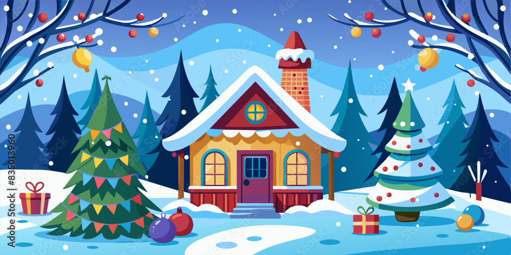 Christmas house in winter snowy forest. holiday christmas ornament decoration, Copy space. banner and poster. Christmas house in winter snowy forest. holiday christmas ornament decoration, Copy space. banner and poster.