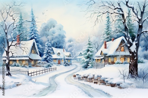 Winter village watercolor painting illustration, generative ai © ImronDesign