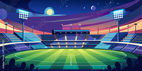 Nighttime sports backdrop Stadium for football and cricket with a blurred 3D lighting background. 