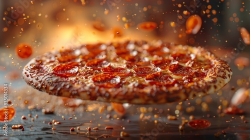 Dynamic image of a pepperoni pizza seemingly suspended in mid-air with sparkling fiery bokeh in the background