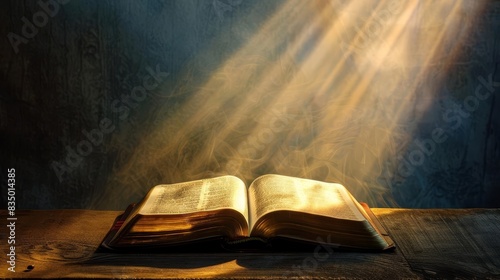 radiant light emanating from an open bible symbolizing divine wisdom and spiritual enlightenment conceptual still life
