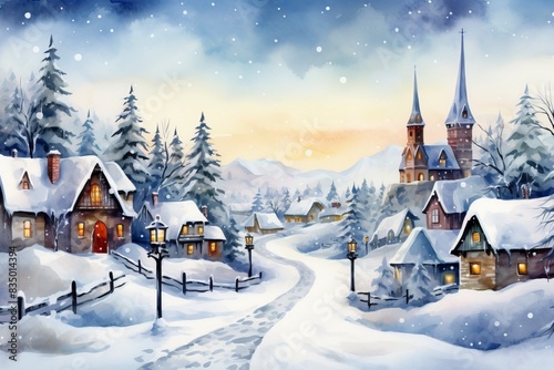 Winter village watercolor painting illustration, generative ai