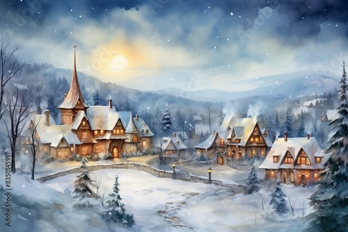 Winter village watercolor painting illustration  generative ai