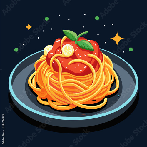 italian food. spaghetti pasta in black plate on dark background. 