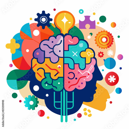 Neurodiversity concept. Brain from colorful puzzle pieces.The concept of rational and irrational thinking. Colourful shapes of abstract brain for concept of idea and teamwork. 