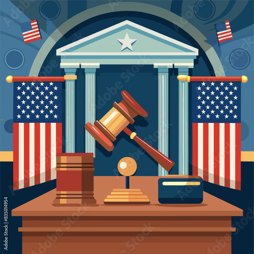 Mallet of judge in American courtroom. American flag in courtroom with Judge hammer or Mallet of judge. Justice concept in courtroom.