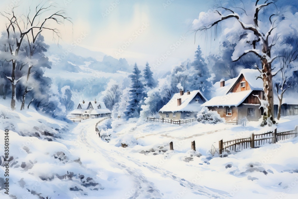 Winter village watercolor painting illustration, generative ai