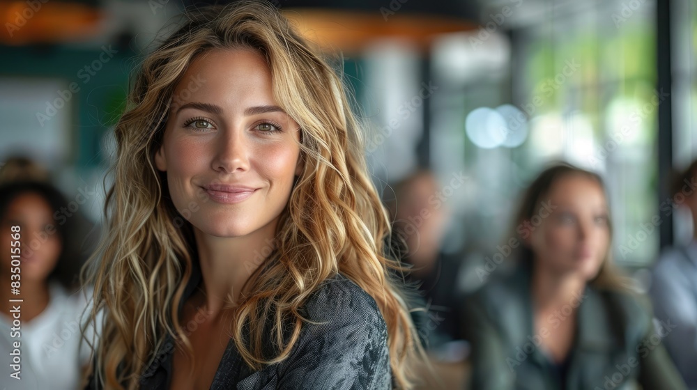Portrait of a smiling woman with wavy blonde hair in a bright, modern cafe setting, surrounded by other people. Portrait of a smiling woman with wavy blonde hair in a bright, modern cafe setting, surrounded by other people.