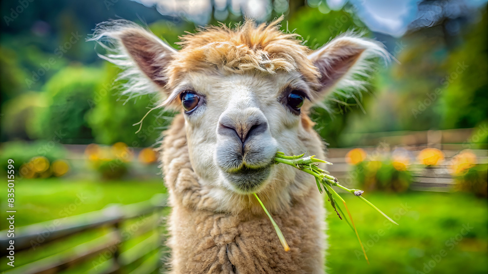 Fototapeta premium Cute funny alpaca fluffy eat grass