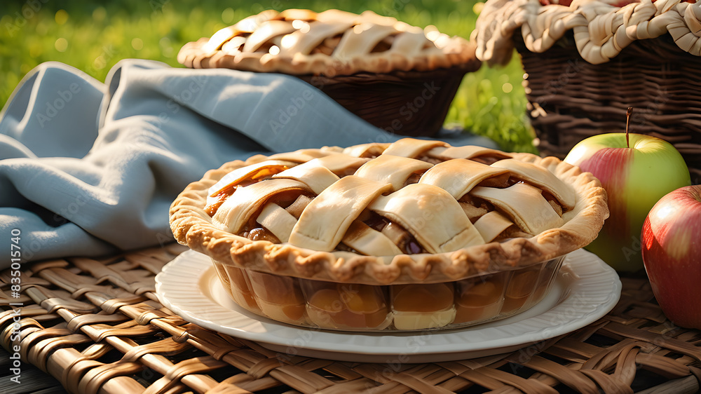 Obraz premium apple pie and apple on a wicker mat, Generative AI