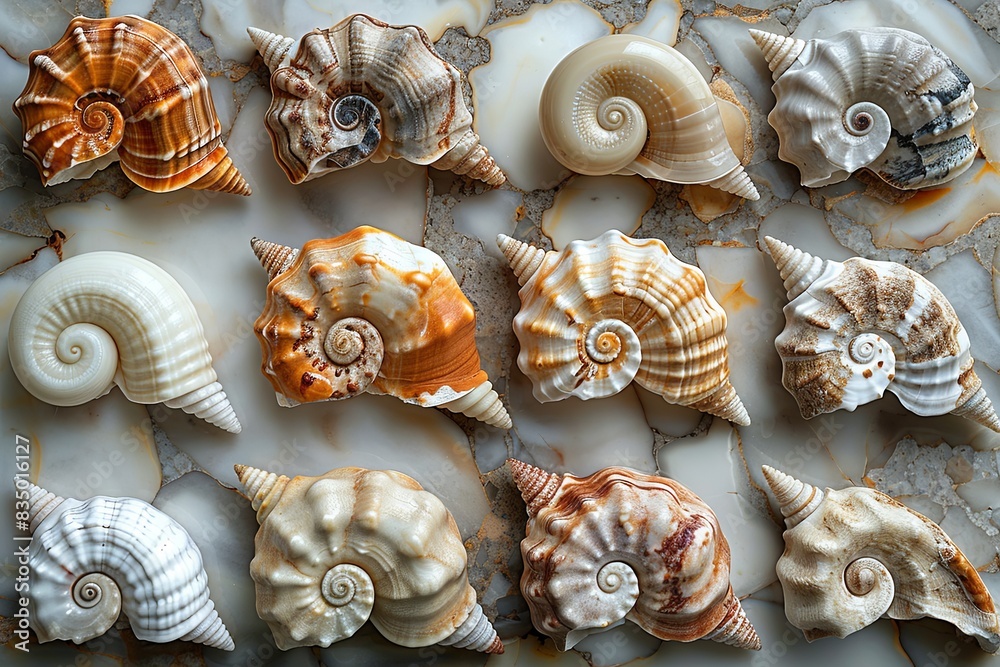 A Fossil Symphony: A collection of fossilized seashells, arranged in a musical pattern, rests on a bed of smooth, polished marble. The shells themselves seem to vibrate with a faint, ethereal melody A Fossil Symphony: A collection of fossilized seashells, arranged in a musical pattern, rests on a bed of smooth, polished marble. The shells themselves seem to vibrate with a faint, ethereal melody