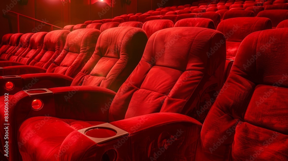 Fototapeta premium rows of plush red velvet theatre seats in dimly lit cinema hall atmospheric front view perspective