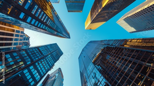 Low angle view of modern skyscrapers with glass windows against a clear blue sky in a bustling urban cityscape.