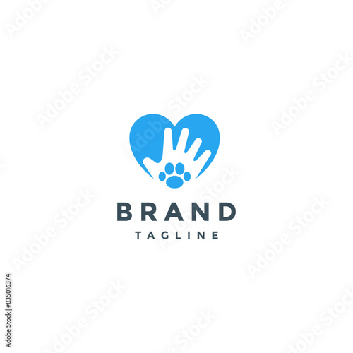 Hand and Paw Inside Heart Icon Logo Design. Simple Pet Care Paw Logo Design.