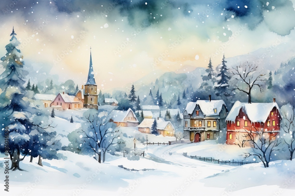 Winter village watercolor painting illustration, generative ai