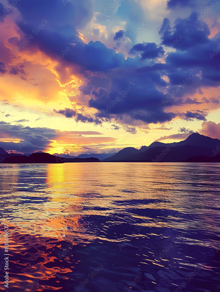 A beautiful sunset over the water with mountains in the background, a golden and purple sky reflecting on calm waters