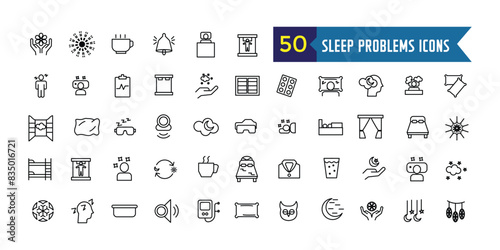 Sleep problems icons set. Outline set of sleep problems vector icons for ui design. Outline icon collection. Editable stroke. photo