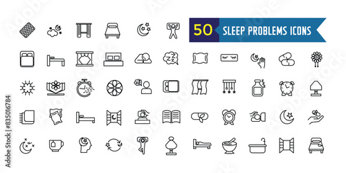 Sleep problems icons set. Outline set of sleep problems vector icons for ui design. Outline icon collection. Editable stroke.