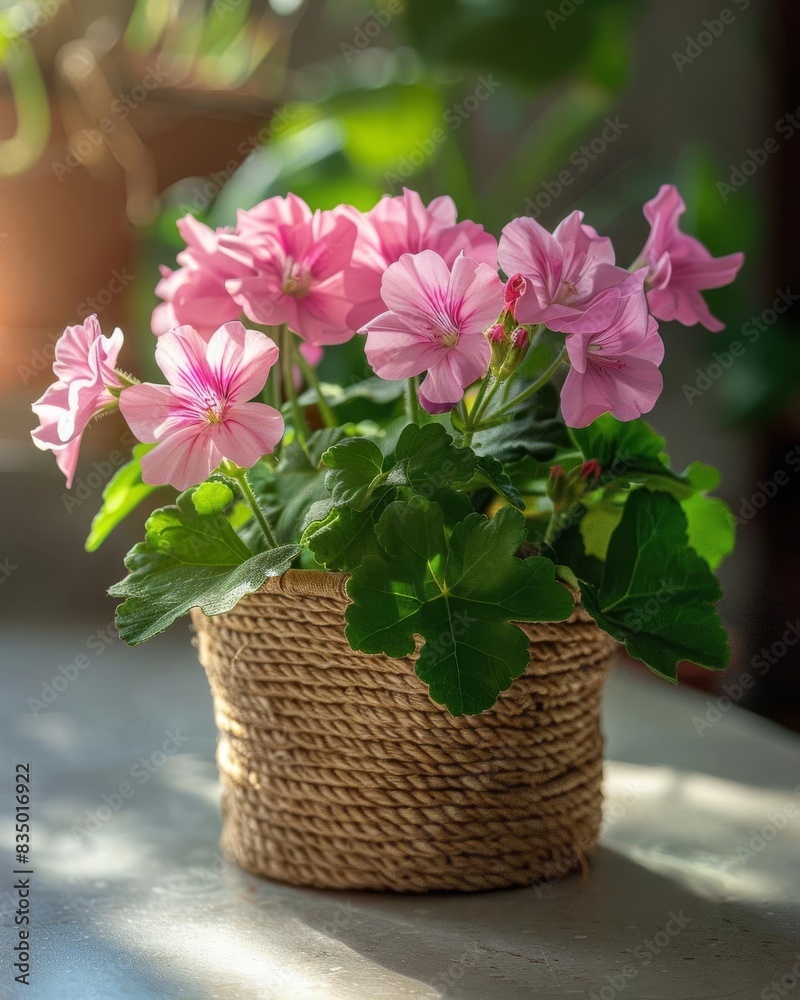 A beautiful pink geranium plant in a woven basket A beautiful pink geranium plant in a woven basket