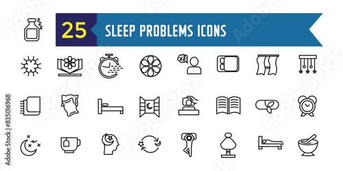Sleep problems icons set. Outline set of sleep problems vector icons for ui design. Outline icon collection. Editable stroke.