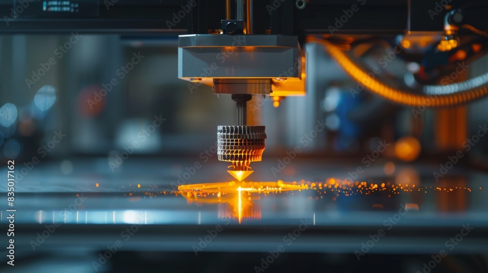 3D Printing Process: Capture a close-up of a 3D printer in action, with the printer head laying down material layer by layer