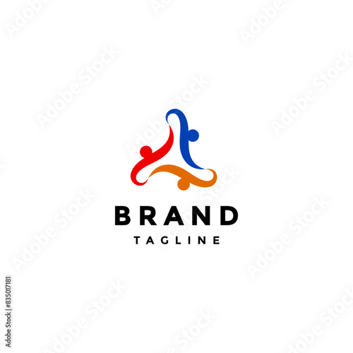 Colorful Three People Hand in Hand Logo Design. Color Harmony Three People Holding Hands Logo Design.