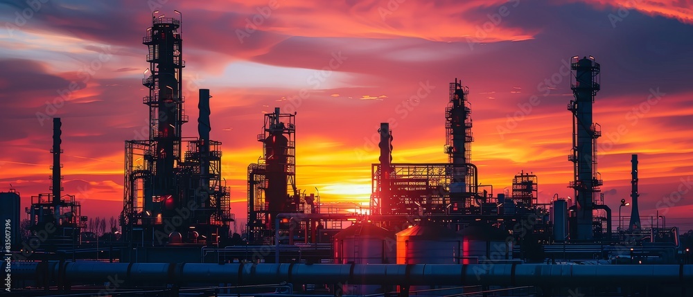 Silhouetted industrial plant against a vibrant sunset sky, showcasing towering machinery and dramatic lighting in a dynamic scene. Silhouetted industrial plant against a vibrant sunset sky, showcasing towering machinery and dramatic lighting in a dynamic scene.
