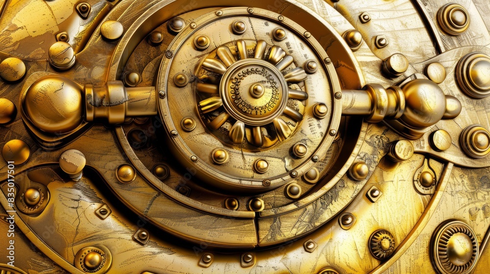 Obraz premium Close-up of an intricate golden vault door with gears and bolts, showcasing detailed mechanical craftsmanship and luxury.