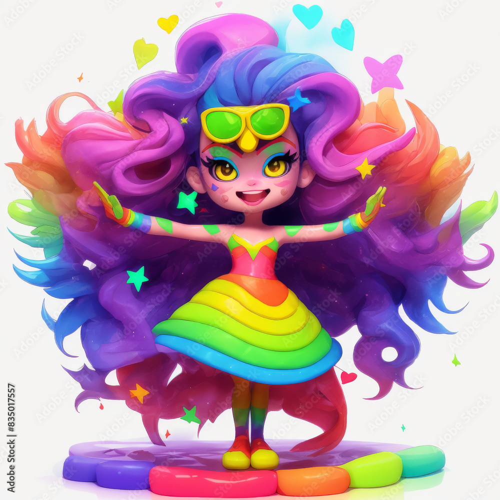 3d female character with intricate rainbow face paint, dressed in a stylish outfit featuring various LGBTQ+ pride elements, standing in a powerful pose with arms raised and surrounded by floating rain 3d female character with intricate rainbow face paint, dressed in a stylish outfit featuring various LGBTQ+ pride elements, standing in a powerful pose with arms raised and surrounded by floating rain