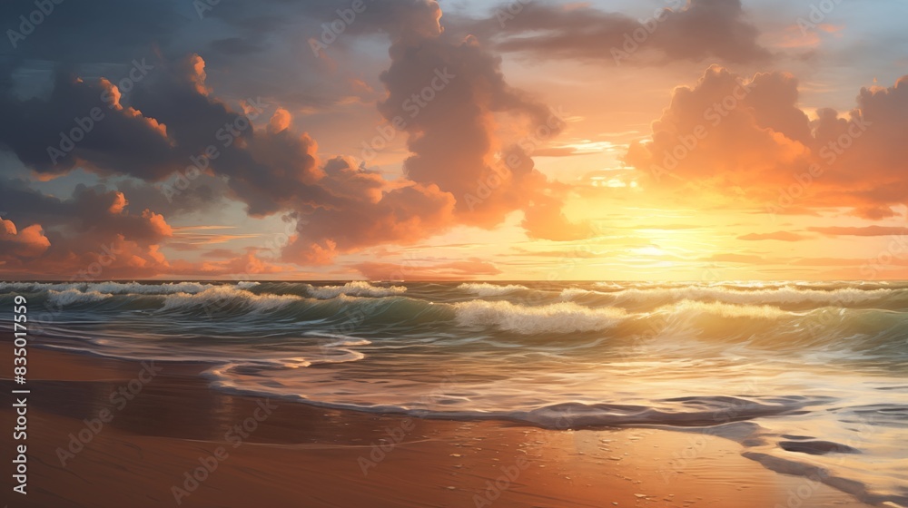Fototapeta premium Majestic Sunset Over a Serene Beach with Waves Crashing and Golden Sky