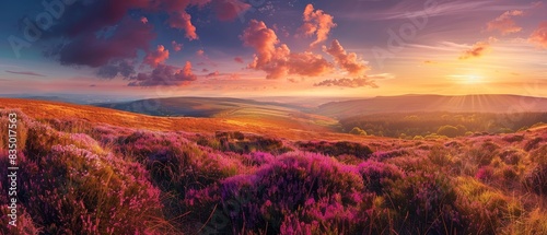 Stunning sunset over a vibrant heather-filled landscape, with the sky painted in hues of orange and pink, creating a tranquil and picturesque scene.