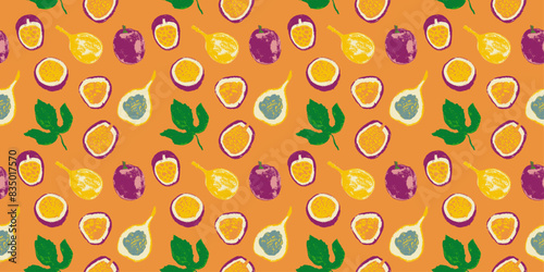Hand drawn granadilla pattern. Tropical fruit banner. Vector passion fruit seamless pattern. Colorful exotic fruits ornate print. Natural background for cosmetics, fruits puree or juice label.