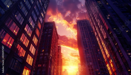 Stunning urban sunset view between tall skyscrapers  with a vibrant sky filled with colorful clouds reflecting on glass windows.