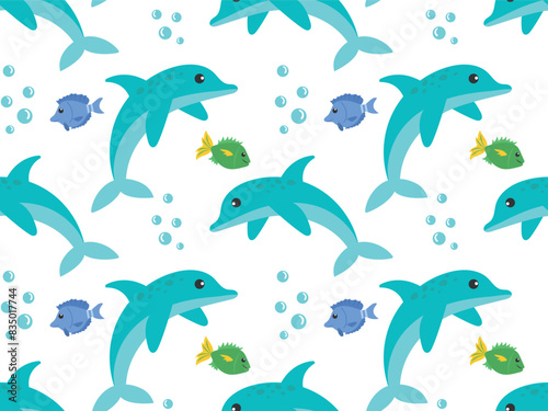 Seamless pattern with cartoon dolphin and cute fish. Vector illustration for wallpaper, wrapping paper, textile, children's design, eps 10