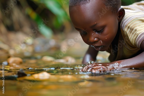A young boy is looking into a stream of water. The water is cold and clear, and the boy is trying to drink it. Concept of curiosity and playfulness, as the boy is exploring the stream photo