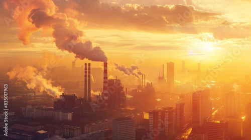 Urban skyline with a factory emitting smoke at sunrise, highlighting pollution and environmental impact in a modern industrial cityscape.