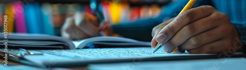 Obraz na płótnie A translator working on a complex document with multiple language dictionaries open close up, translation theme, realistic, blend mode, desk backdrop