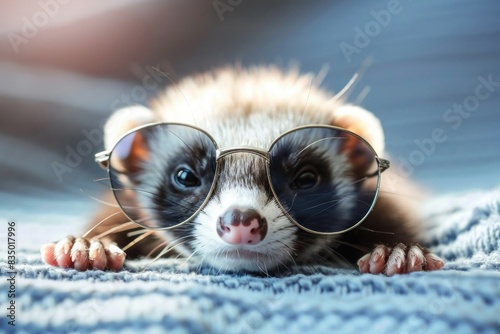 A small animal wearing glasses and a sweater. The animal is cute and playful. The glasses and sweater give the animal a human-like appearance, making it seem like it is posing for a photo photo