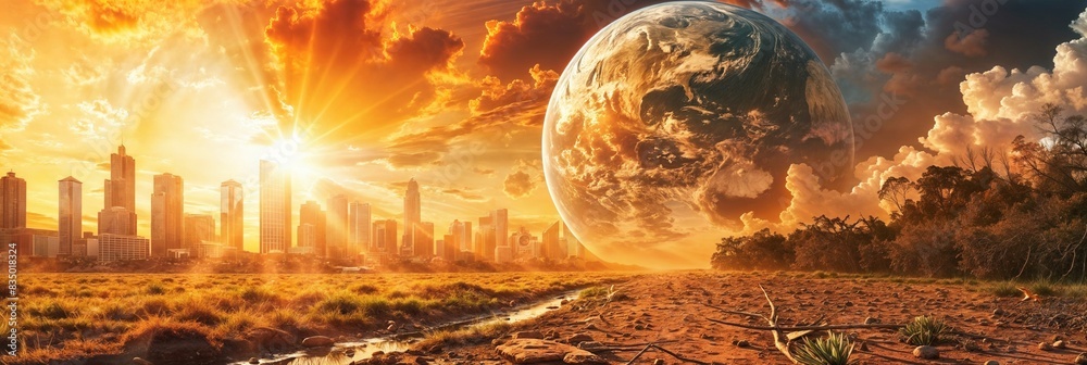 Fototapeta premium Earth Rising Over City at Sunset. Symbolizing Global Warming and Environmental Challenges