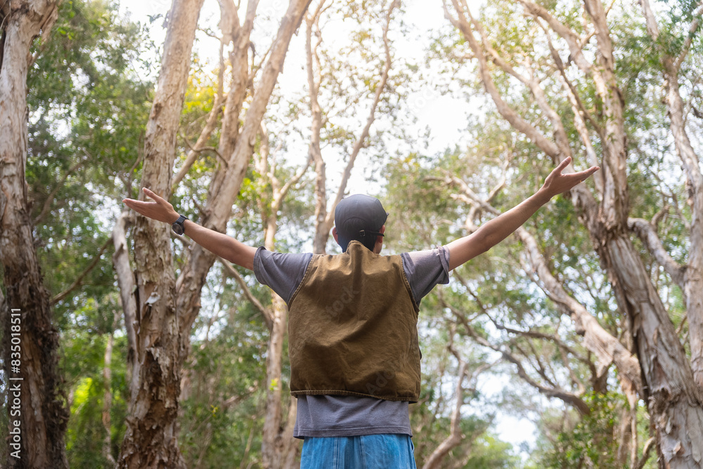 Back view of happy asian man waving hands in mangrove forests. He admires lush foliage, serene ambiance in tropical botanical garden. Traveler enjoys eco-tourism, nature walks. Back view of happy asian man waving hands in mangrove forests. He admires lush foliage, serene ambiance in tropical botanical garden. Traveler enjoys eco-tourism, nature walks.